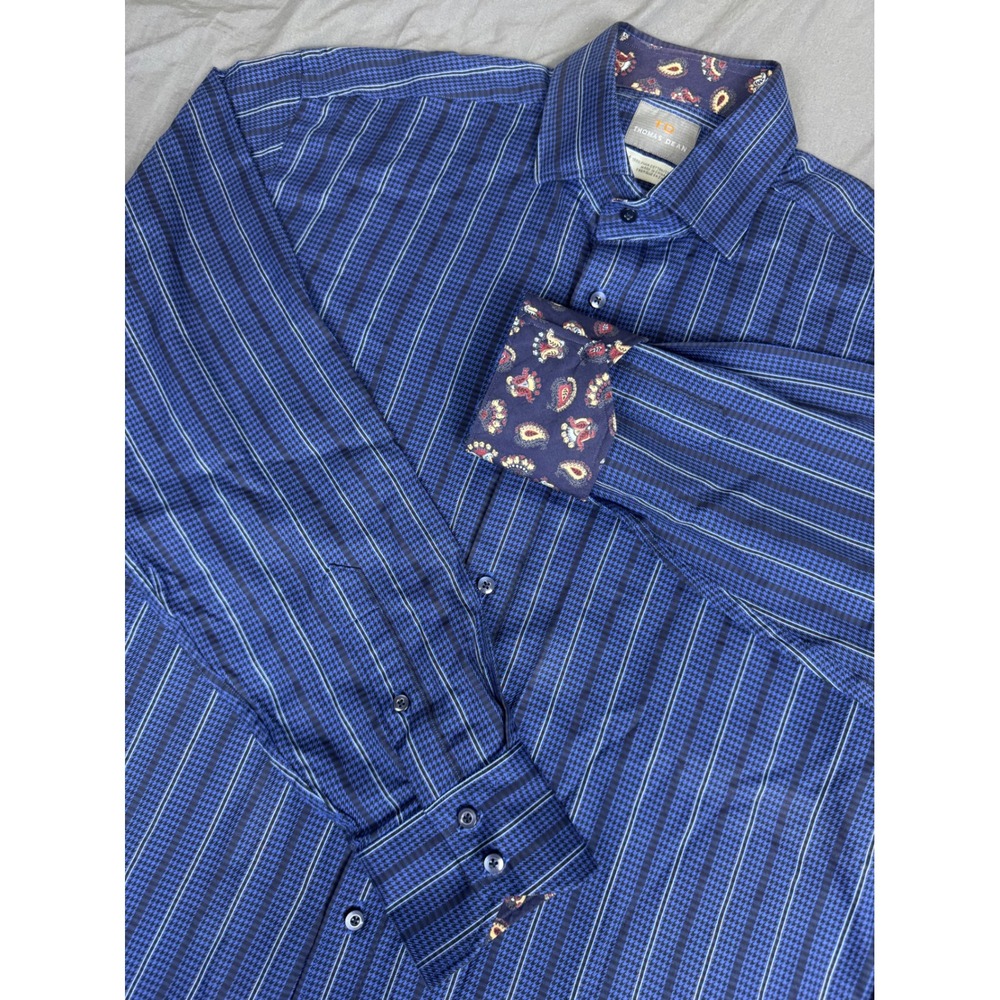 Thomas Dean Men Medium Blue Houndstooth Stripe Pima Cotton Button Up L/S Shirt